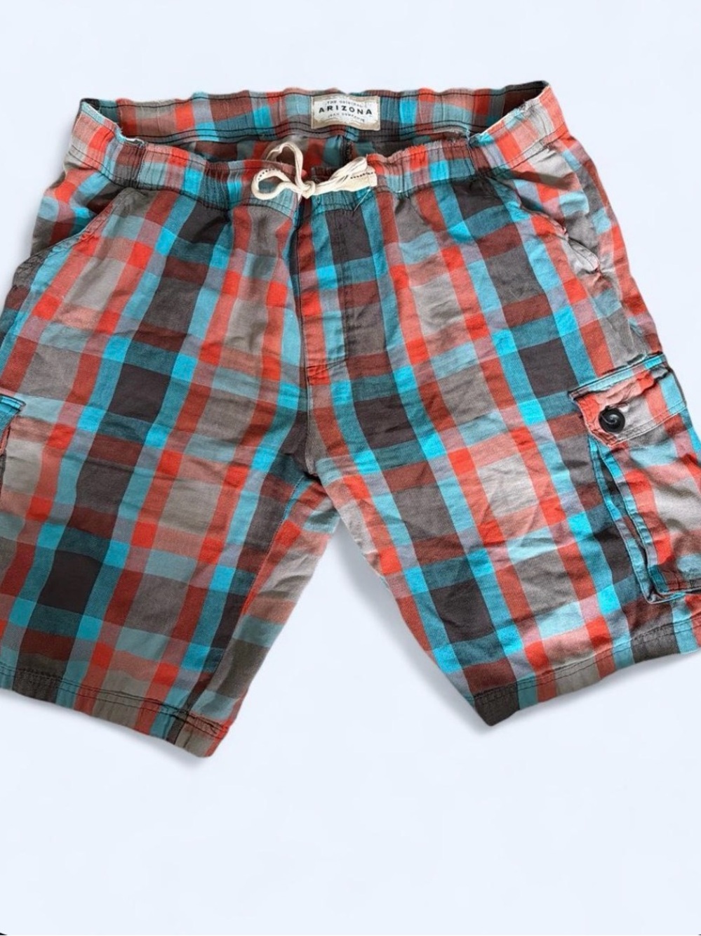 Arizona Jean Company Plaid Cargo Shorts - Teal, Coral & Brown